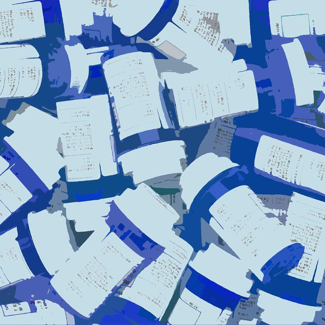 A jumble of stylized blue, child-safe prescription containers.