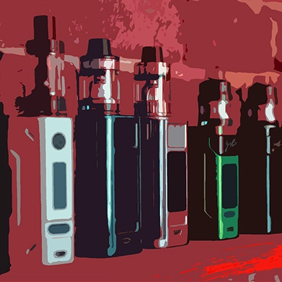 Stylized graphic of vaping devices lined up on a shelf.
