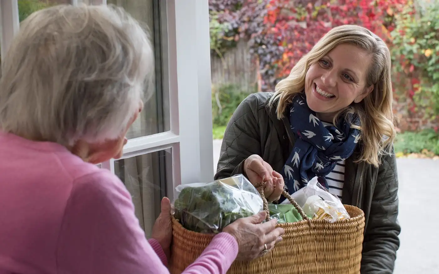 A woman delivering groceries to an elderly woman.